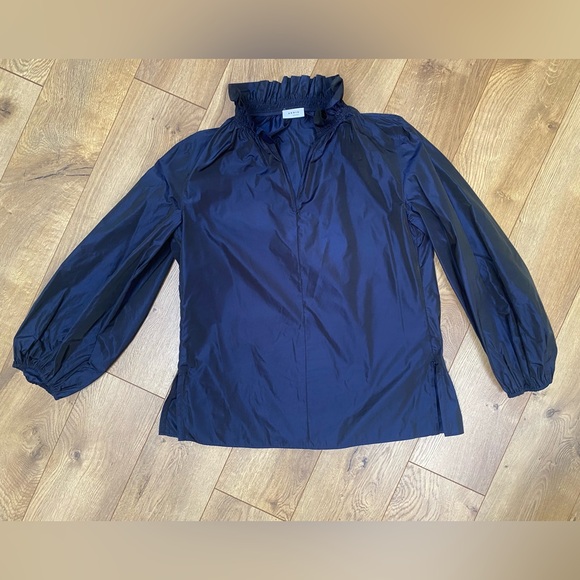 AKRIS PUNTO Blue Taffeta Ruffle Neck Blouse - Picture 2 of 11